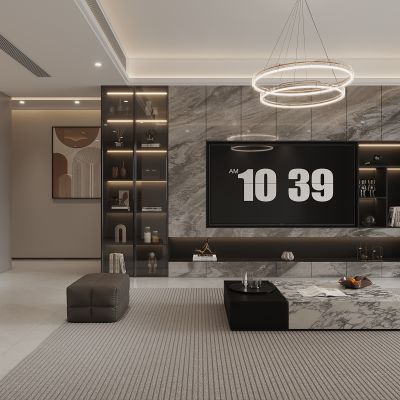 现代，极简，客厅餐厅，沙发，餐桌 ，电视柜 ，酒柜，装饰画