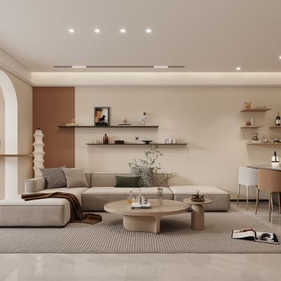 现代，奶油风，客厅餐厅，沙发，餐桌 ，酒柜，