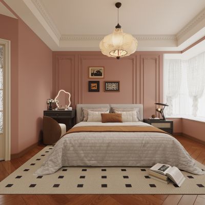 法式主卧，双人床 衣柜 窗帘 地毯装饰画