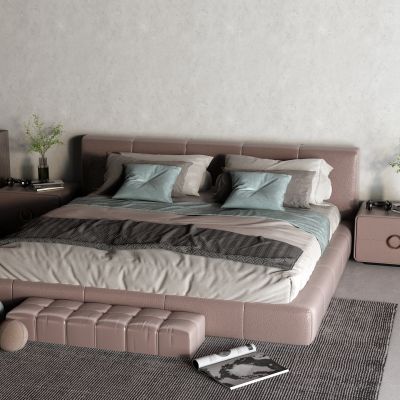 现代真皮床 床头柜 脚踏