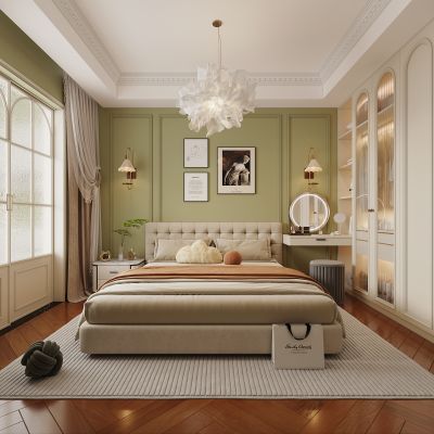 法式主卧，双人床 衣柜 窗帘 地毯装饰画