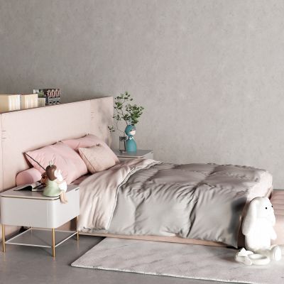 现代布艺床 床头柜 脚踏 软包 女孩床 儿童床