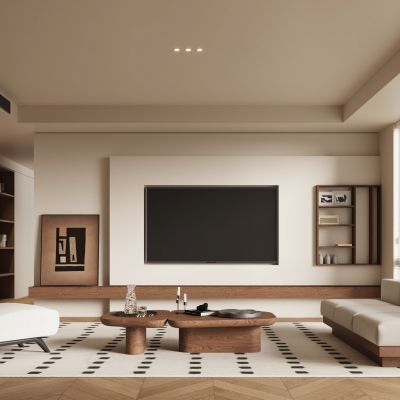 现代中古风客厅  电视背景墙