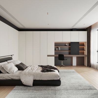 现代极简黑白卧室  卧室书房一体