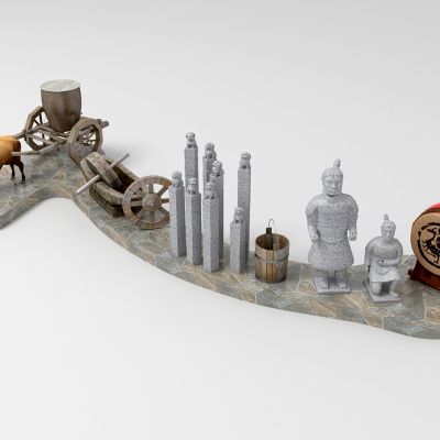 中式拴马桩 战鼓 牛拉车 人雕像