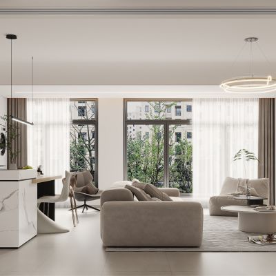 现代客餐厅 沙发茶几组合 岛台 餐边柜