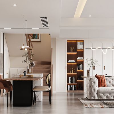 美式客餐厅 沙发茶几组 岛台餐桌 开放式书房 书柜合 