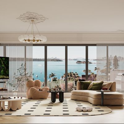 法式客餐厅  沙发茶几组合 落地电视 法式酒柜