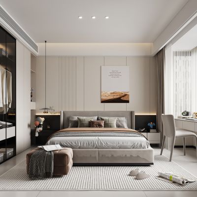 现代卧室 主卧 飘窗写字台 衣柜