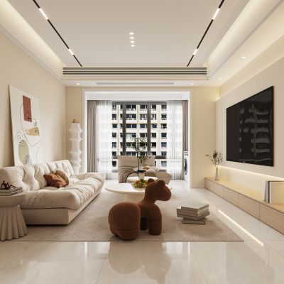 现代奶油风客餐厅 沙发茶几组合酒柜