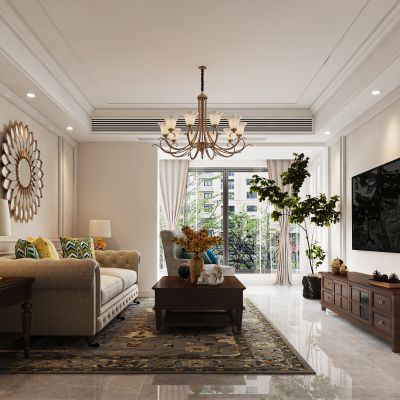 美式客餐厅 沙发茶几组合 风扇灯