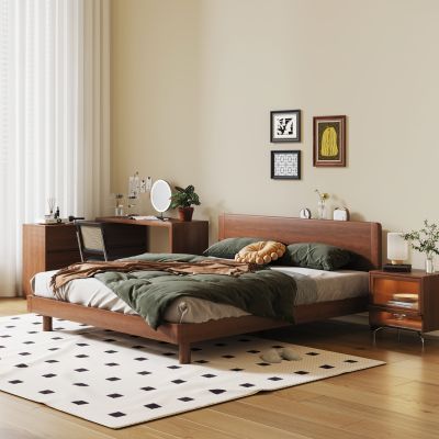 现代中古风双人床 实木床 床头柜 实木梳妆台