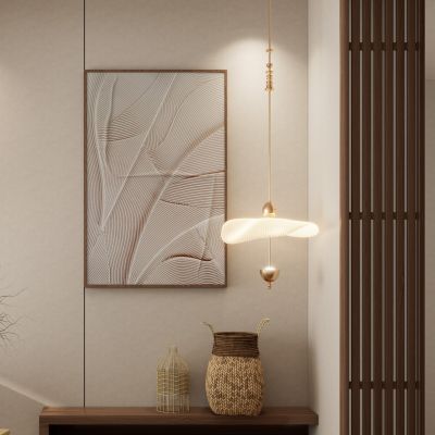 新中式 奶油 中古风 骨骼线 藤编 木格栅 入户隔断 玄关