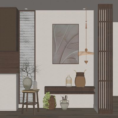 新中式 奶油 中古风 骨骼线 藤编 木格栅 入户隔断 玄关