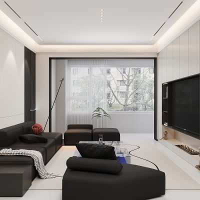 现代无主灯客厅 电视柜背景墙 黑白灰客厅