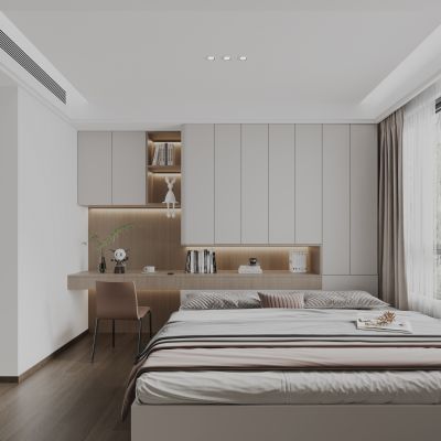 原木风现代榻榻米卧室 书桌 摆件雕塑 装饰书 椅子