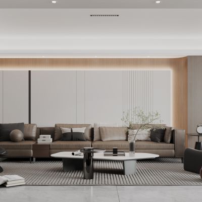 现代高级灰横厅客餐厅 沙发组合 餐桌备餐台 酒柜装饰柜 摆件