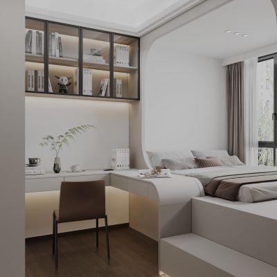 奶油风榻榻米卧室 书桌 书柜衣柜 摆件 植物 花瓶 书 床垫