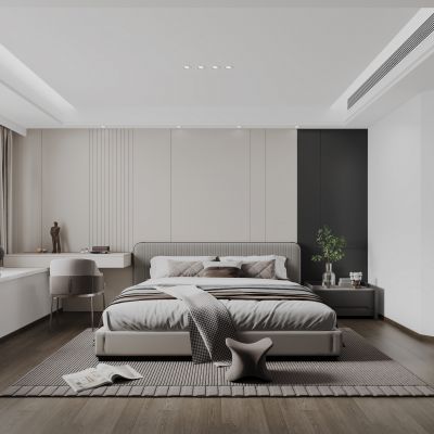 现代高级黑白灰卧室 床头柜书桌 摆件花瓶雕塑 床品 梳妆台