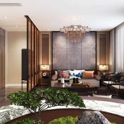 新中式包间 圆餐桌椅组合 艺术水晶吊灯 沙发茶几组合