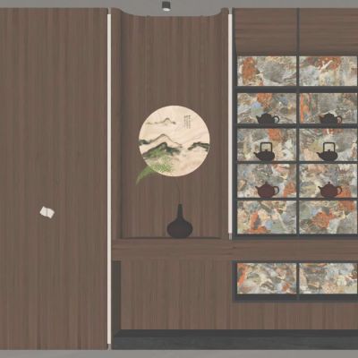 新中式 奶油 中古风 茶柜 月球灯 入户隔断 玄关