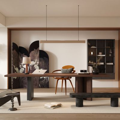 中古侘寂书房_开放式书房_别墅书房_卧室书房_客厅书房_侘寂中古风书房