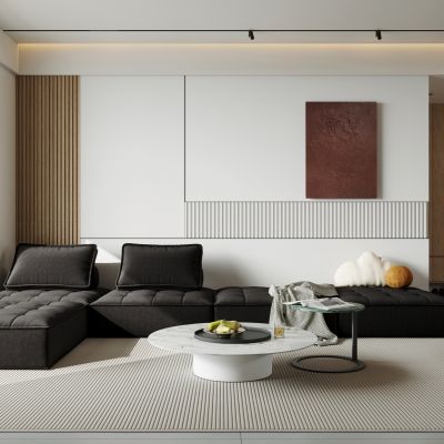 现代简约客餐厅 大平层 黑白灰客餐厅 无主灯客厅