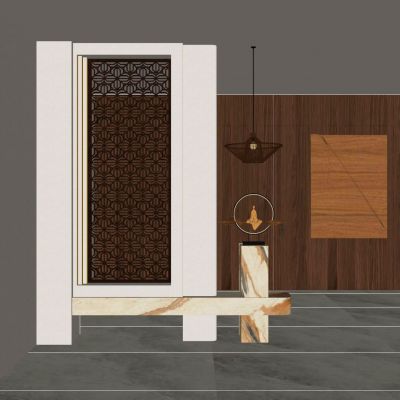 新中式 奶油 中古风 实木隔断 雕塑 入户端景 玄关