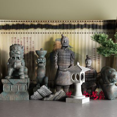 中式兵马俑 铜像 雕塑 石狮子 书卷
