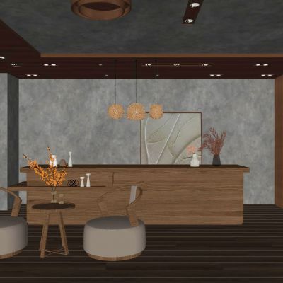 中式 诧寂风 艺术涂料 实木 木纹砖 民宿 前台