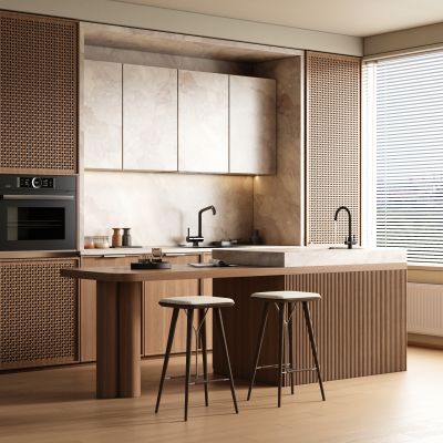 侘寂中古风开放式餐厅 吧台 吧椅 橱柜 