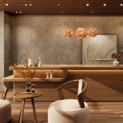 中式 诧寂风 艺术涂料 实木 木纹砖 民宿 前台