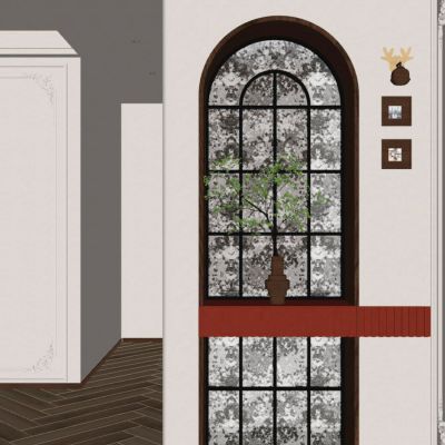 法式 奶油 中古风 夹丝玻璃 拱形 窗型 入户隔断 玄关