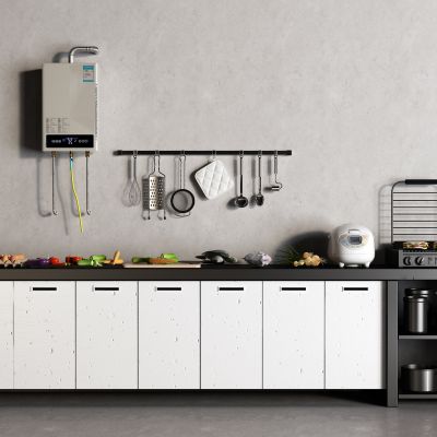 现代不锈钢橱柜 蔬菜 电饭煲 食材 燃气热水器