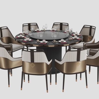 新中式餐厅包间圆餐桌椅组合