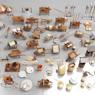 乡村农耕小品_农家摆件_农家乐_打谷机_板车_推车_犁耙_篮子框子_石磨