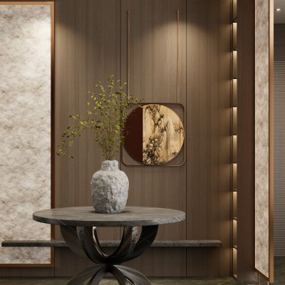 新中式 中古 轻奢风 杜邦纸 入户端景 玄关 