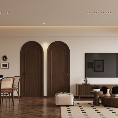 现代中古风客餐厅，沙发茶几组合，电视柜，餐边柜