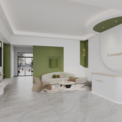 托管教育机构补习班 前台接待等候区 雕塑 休闲沙发组合 植物花瓶