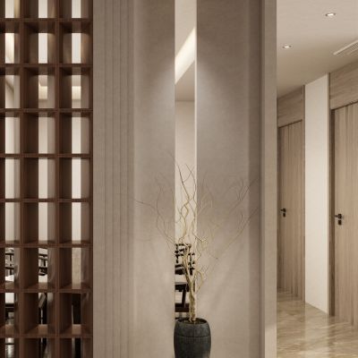 新中式 中古 轻奢风 实木壁龛 格子 入户隔断 玄关