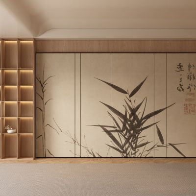 新中式原木客厅 餐厅 茶室背景墙