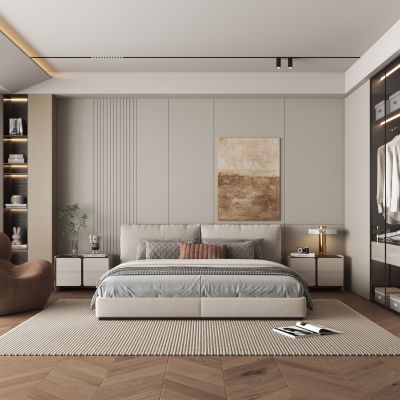 现代奶油风卧室 衣柜 双人床 休闲椅