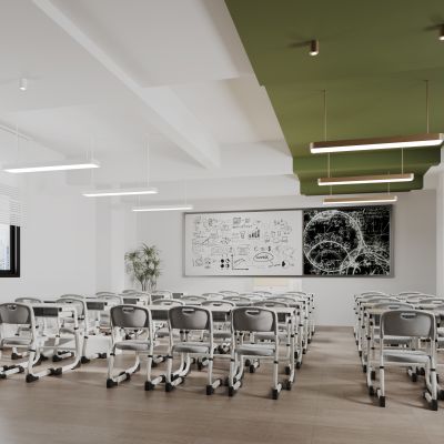 托管教育机构课室教室课桌椅 讲台 黑板 白板 吊灯 植物盆栽 百叶帘