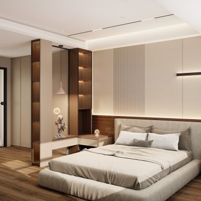  奶油 中古风 无主灯 长虹玻璃 藤编 骨骼线 圆弧柜 卧室