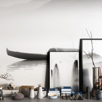 中式陶器 花瓶 山水画 古籍 书籍