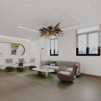 托管教育休闲区 图书馆休息区 花艺吊篮装饰 芦苇枯叶 休闲沙发 凳子