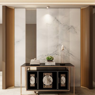 新中式 轻奢风 弧形 实木格子 入户隔断 玄关