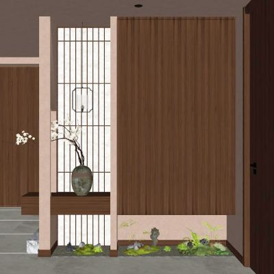 新中式  奶油 中古风 禅意 骨骼线 入户隔断 造景 玄关