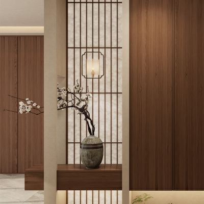 新中式  奶油 中古风 禅意 骨骼线 入户隔断 造景 玄关