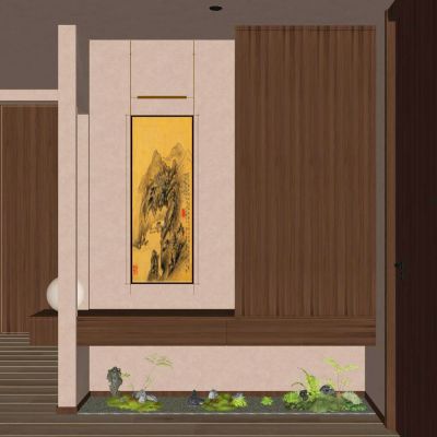 新中式  奶油 中古风 禅意 骨骼线 入户隔断 造景 玄关